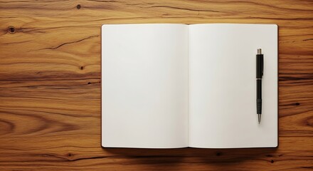 Blank open notebook on wooden desk, clean minimal workspace concept suitable for writing themes, planning, education, and content backgrounds.