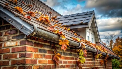 Autumn Leaves Adorning a Brick Building's Roofline and Gutter System