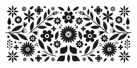 Black and white folk art floral pattern with various stylized flowers and leaves © Raju