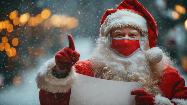 Picture of a cheerful Santa Claus donning a red face mask, happily checking his list and gesturing upwards amidst a whimsical winter snowfall with twinkling holiday lights in the distance