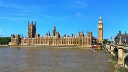 Palace of Westminster with the Victoria Tower at the left and Big Ben on the wright on a summer day in London