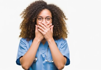Young woman nurse covering mouth in shock isolated on white background
