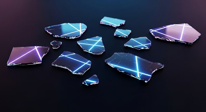 Abstract geometric shards with glowing neon blue lines on a dark background