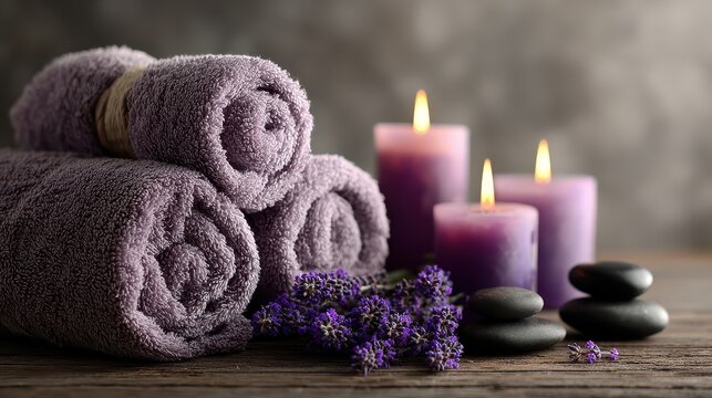 Purple rolled towels with candles and black stones for spa treatment on dark surface