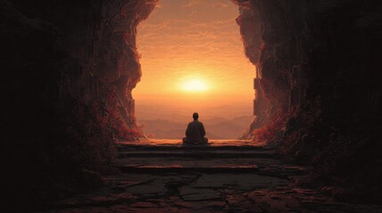 Naklejka premium Meditating Monk Sitting in Cave Watching Sunrise Over Mountain Landscape