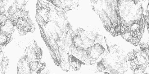 Fototapeta premium Background with stones and crystals in random layout, gritty surface texture and stipple dust, paper grain and faded ink around mineral forms.