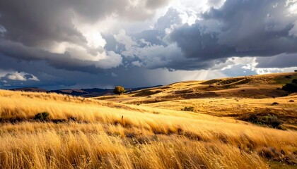 A vast field of golden dry grass stretches across rolling hills under a dramatic, dark, and stormy sky, with sunbeams piercing through the clouds.