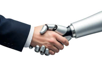 Human hand in dark suit shaking robotic hand with metallic fingers isolated on a transparent background