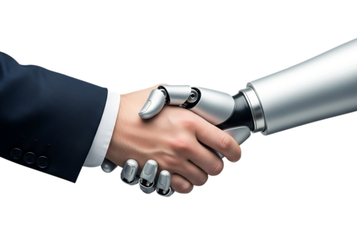 Human hand in dark suit shaking robotic hand with metallic fingers isolated on a transparent background