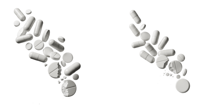 Pills and capsules scattered on black isolated on transparent background