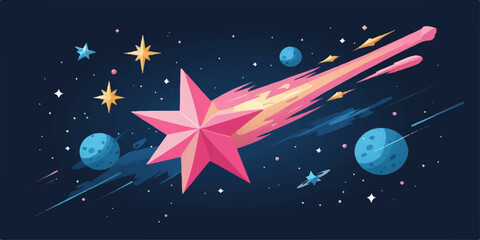 Vector illustration of a dark night sky with a rocket, stars, and planets
