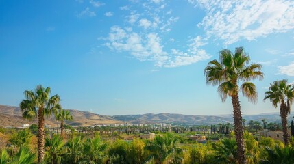 A desert oasis in Israel, featuring palm trees and a clear blue sky against the backdrop of arid mountains.