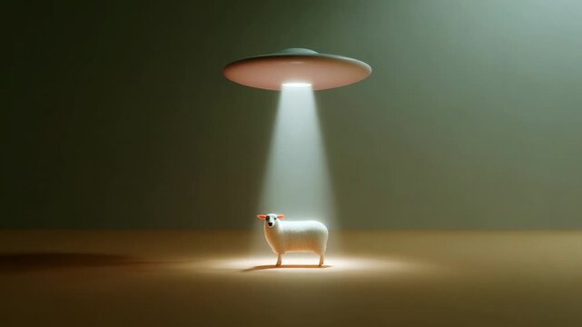 A comedic and surreal depiction of a sheep being abducted by a flying saucer, featuring bright illumination and whimsical details that contrast the familiar farm animal with the science fiction genre.