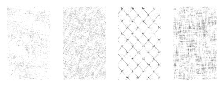 Four distinct black and white textured grunge overlays including random scratches diagonal lines tufted upholstery pattern and crosshatch fabric