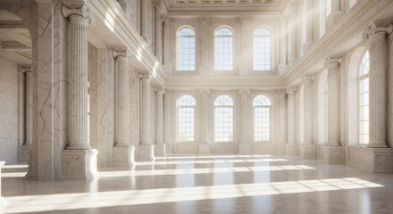 Obraz premium Grand Marble Hall with Sunlit Arched Windows and Columns, Interior, Architecture, Building