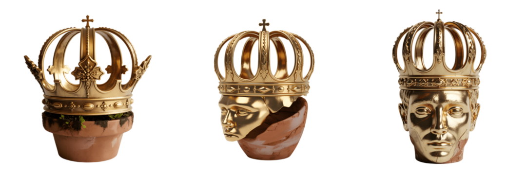 A Set For Crown, golden heads, and terracotta pots isolated on transparent background