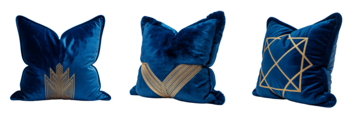 Cushion set royal blue velvet gold pattern isolated on transparent background