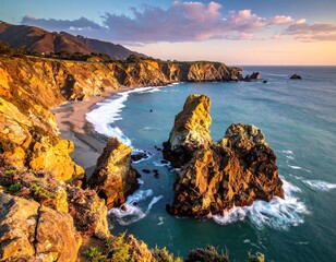 Golden Coastline at Sunset with Azure Waters and Rocky Cliffs in Carmel California