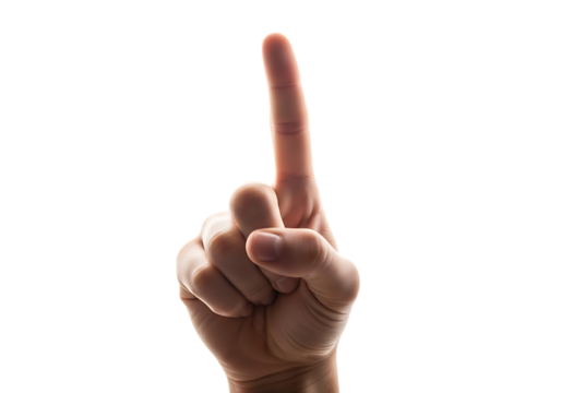 Human hand with index finger pointing upwards against a dark background isolated on a transparent background 1