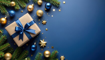 Festive gift arrangement holiday season decorative image celebration atmosphere top-down view joyful concept enhanced with christmas ornaments and greenery