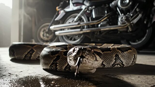 Large python with tongue out near motorcycle in garage