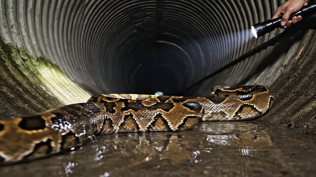 Large python snake in dark tunnel with flashlight shining