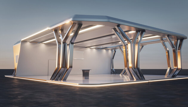 Stunning modern exhibit booth ready for your brand, perfect for trade shows, product demos, and stylish presentations with sleek design and inviting atmosphere