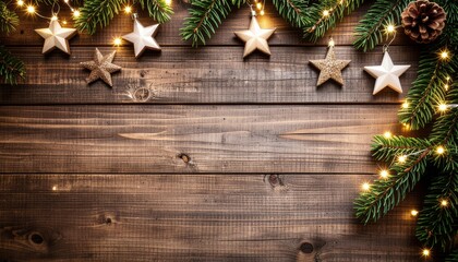 Festive christmas decoration arrangement with stars and lights on wooden surface cozy atmosphere holiday spirit warm glow aesthetic viewpoint seasonal concept for celebrations