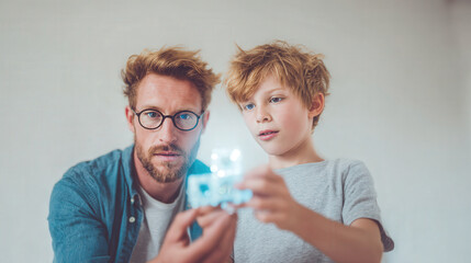 father and son are assembling toy together guided by virtual instruction hovering in air