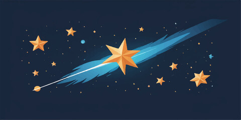 A cartoon vector illustration of stars and the night sky with a space shuttle launch symbol