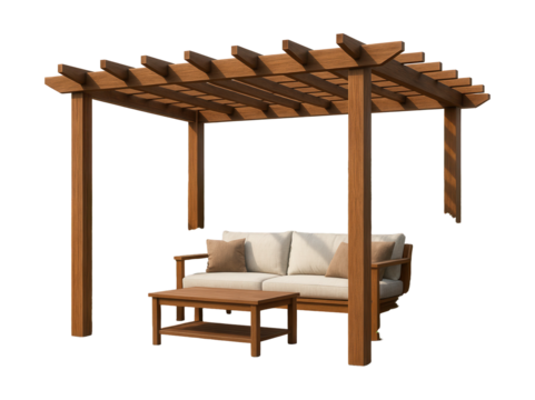A suburban garden veranda with a pergola for partial shade and stylish outdoor living.