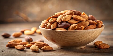 A wooden bowl overflowing with a generous serving of roasted almonds, several more scattered nearby, offering a delectable and healthy snack option