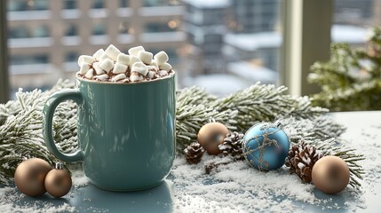 A frosty mug of hot chocolate with marshmallows, placed on a table with snow-covered pine branches and festive ornaments .