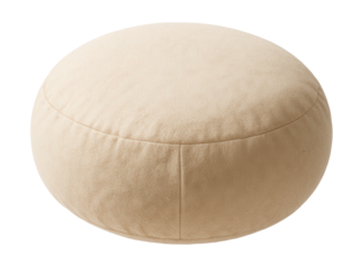 A soft round meditation cushion filled with buckwheat hulls for comfort during sessions.