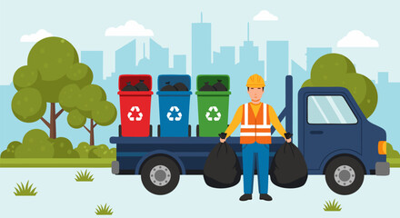 Garbage truck with garbage collector sorting different waste with city background for waste management concept