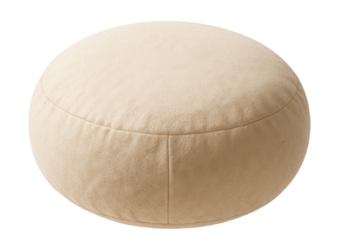 A soft round meditation cushion filled with buckwheat hulls for comfort during sessions.