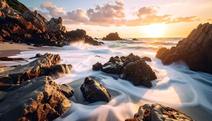 A serene coastal landscape at sunset, featuring rugged rocks, a sandy beach, and gentle waves illuminated by the warm glow of the setting sun.