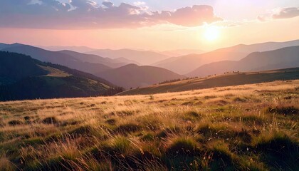 A serene landscape of layered mountains bathed in the warm, golden light of a setting sun, with a meadow of tall grass in the foreground.