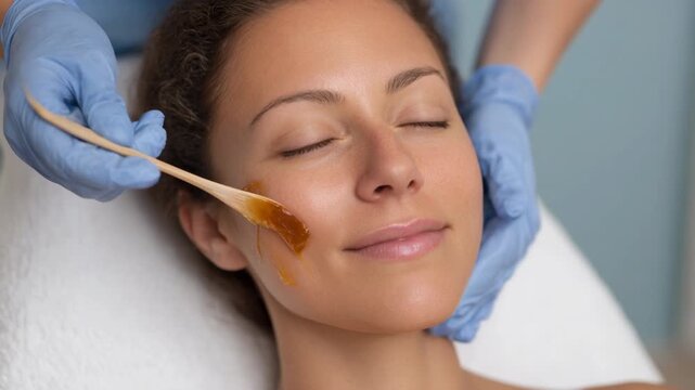 Woman honey facial mask spa treatment. esthetician skincare facial waxing with sugaring paste and warm wax, relaxed woman enjoying gentle skin care