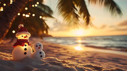Christmas ornaments on palm trees, sand snowmen, beach sunset, festive mood .