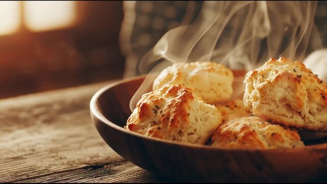 Garlic Butter Biscuits Steaming Rustic Wooden Table
