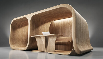 Captivating modern wooden reception desk and seating area with integrated laptop, perfect for contemporary office design inspiration