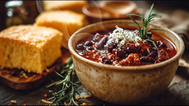 Hearty Chili Bowl With Cornbread Rustic Winter