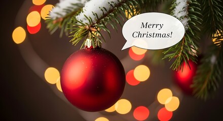 Macro Red Christmas Bauble on Snowy Fir with Merry Christmas Bubble