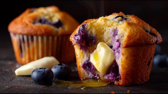 Hot Blueberry Muffin Split Open With Butter