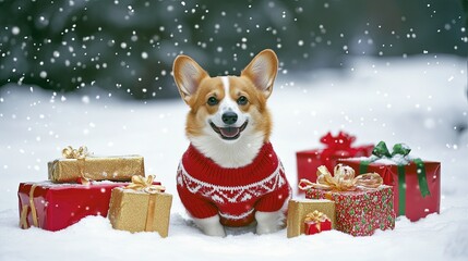 corgi in red holiday sweater sitting in snow beside wrapped gifts .
