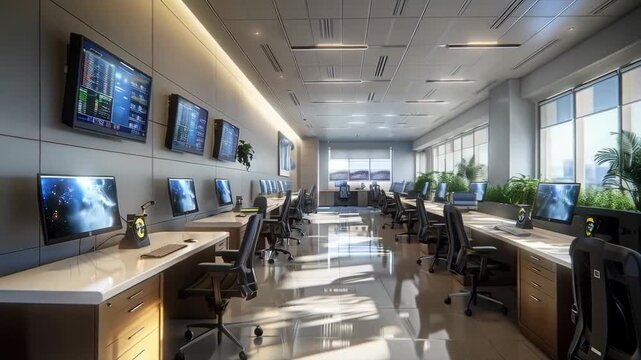 A modern control centre with numerous monitors and workstations would be a suitable backdrop for reports on high-tech surveillance or coordination systems.
