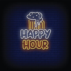 happy hour neon signboard with brick wall background vector