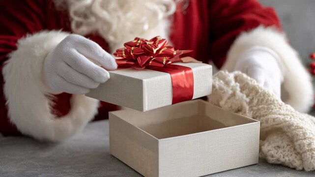 Santa figure opening gift box with red ribbon and knit scarf, glove clad hands reveal cozy holiday present and festive knit stocking surprise
