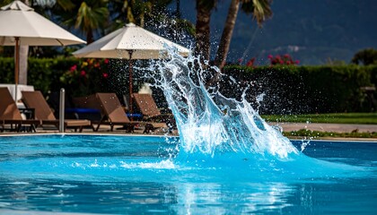 Clear water splashing in a blue pool near sun loungers and parasols